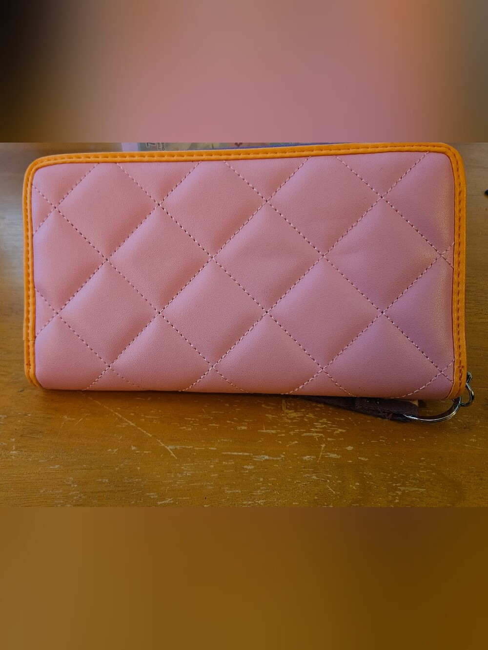 Betsey Johnson Quilted Pink Wallet Clutch with Orange Trim - Picture 2 of 4